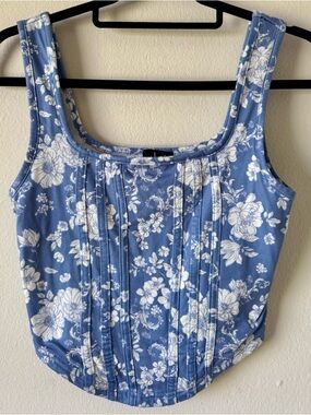 Justify Blue and White Floral Pleated Square-Neck Camisole